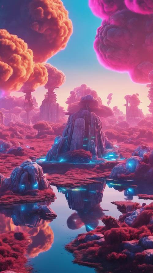 Un paysage de science-fiction extraterrestre dans le style cyber-an 2000 avec des îles flottantes et des nuages ​​de néon moelleux.