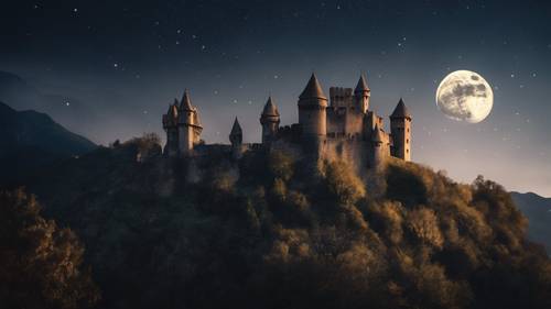 Un ancien château se découpant par une nuit au clair de lune.