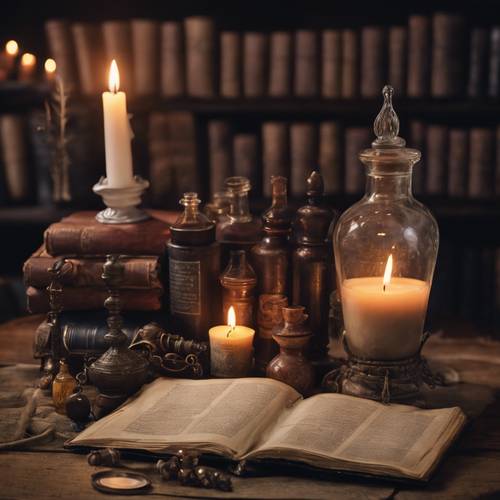 La mesa de una botica llena de pociones misteriosas, libros de hechizos gastados y una vela encendida.