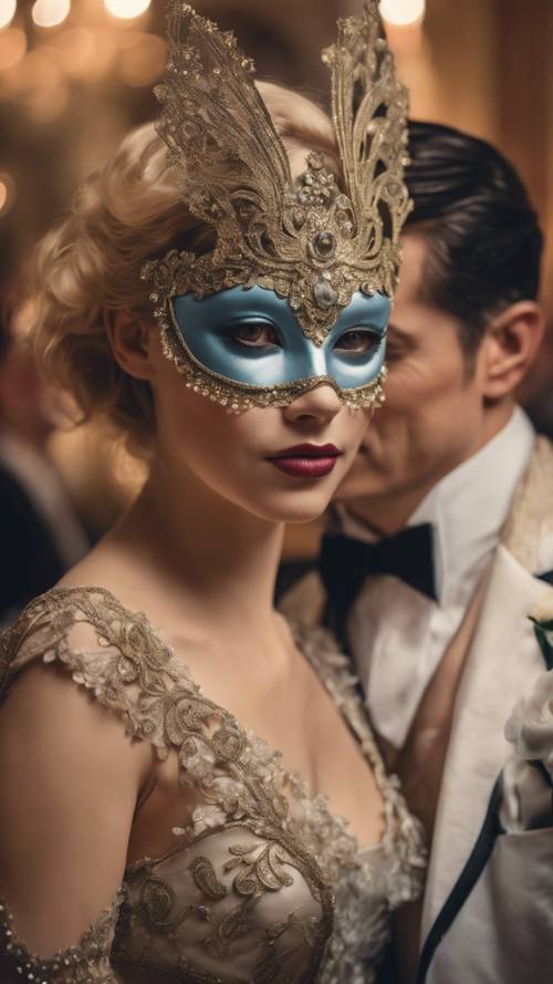 Un elegante baile de máscaras en un opulento salón, con invitados vestidos con trajes y máscaras antiguas.