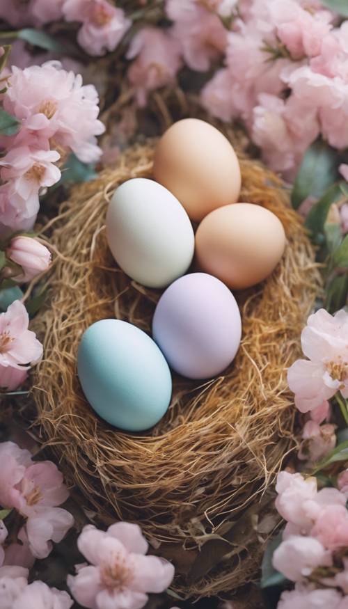 Soft pastel-hued eggs tucked in a nest hidden among blossoming flowers.