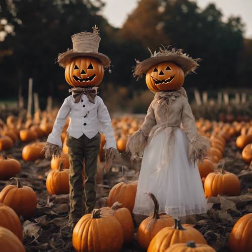 A duo of jolly scarecrows dressed as a bride and groom, standing festively in the middle of a pumpkin patch during magical twilight.