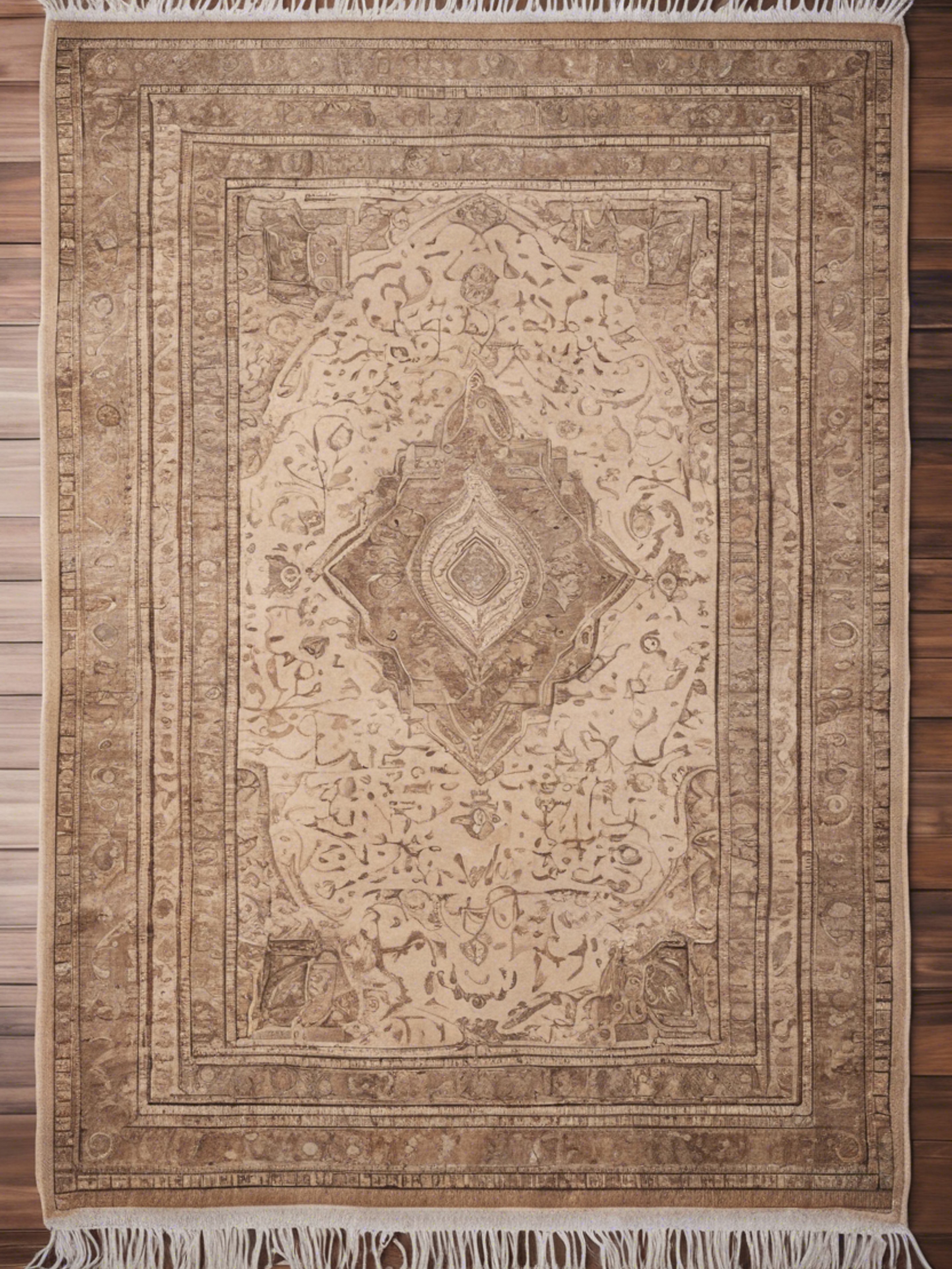 A beige Bohemian-style rug on a wooden floor.壁紙[f12c8edc66544379a33a]