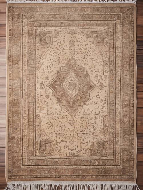 A beige Bohemian-style rug on a wooden floor.