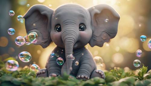 An animated, fun-loving, cute little elephant happily blowing bubbles.