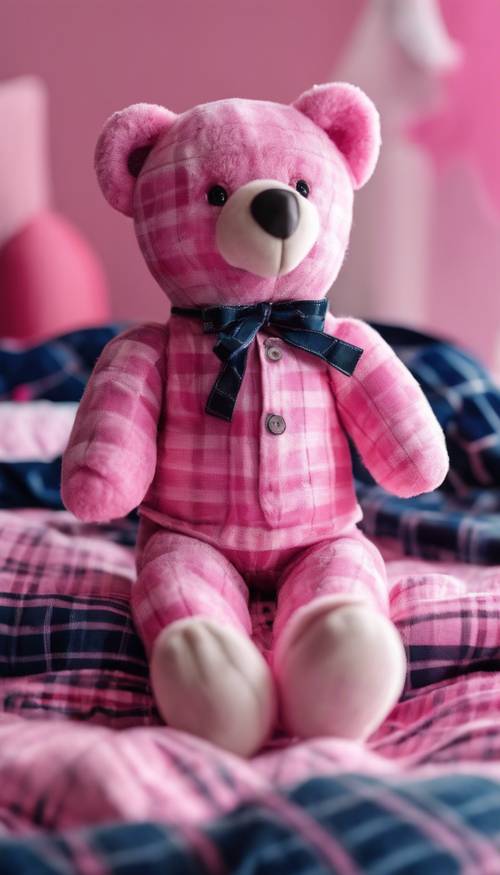 Un charmant ours en peluche à carreaux bleu marine assis sur un lit d&#39;enfant rose vif.