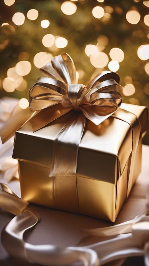 Uma caixa de presente lindamente embrulhada, adornada com papel metálico brilhante e um grande laço de seda, aninhada sob uma árvore de Natal.