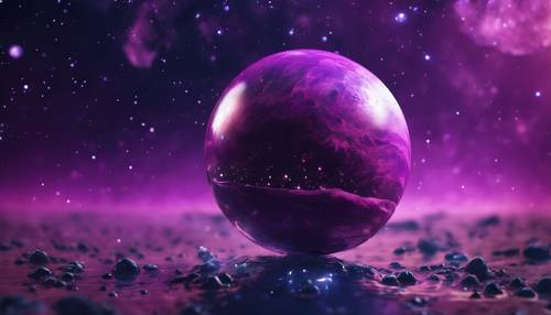 Sebuah planet ungu yang jauh tenggelam sebagian oleh nebula galaksi.