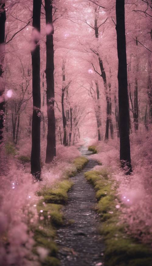 Une aura rose clair illuminant le chemin dans une forêt sombre et enchantée.