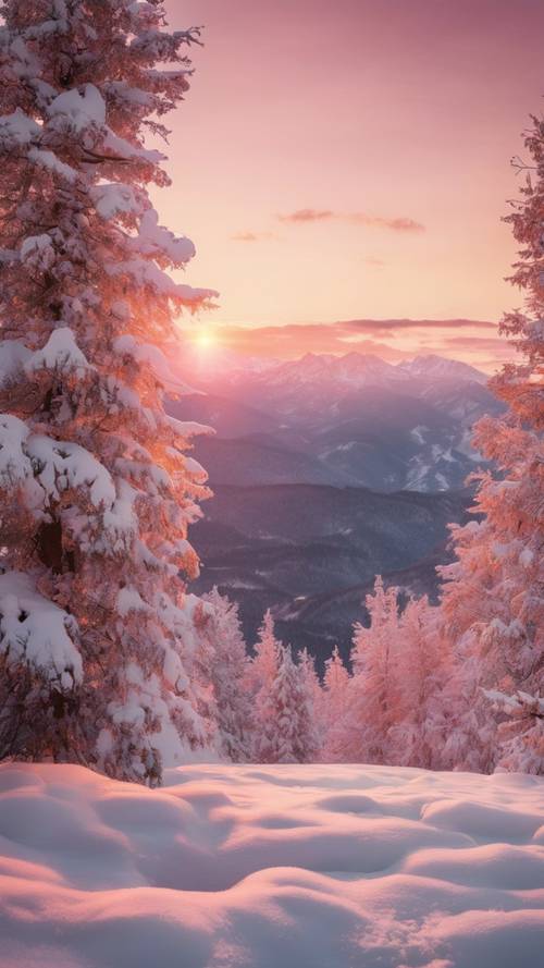 Nascer do sol no topo de uma montanha coberta de neve, os primeiros raios do dia dando à neve um tom rosa e dourado.