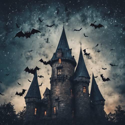A flock of bats bursting out of a haunted castle into a creepy and cloudy starry night.