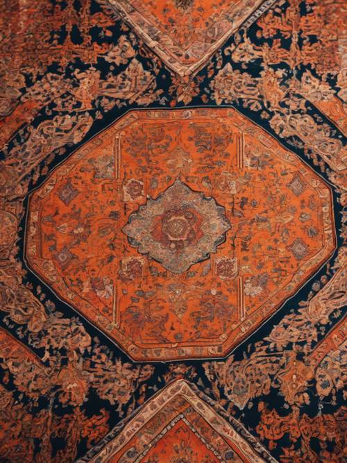 תיאור חי של שטיחים פרסיים שנפרסו בשוק, עם דוגמאות מורכבות בגוונים שונים של כתום&quot;.