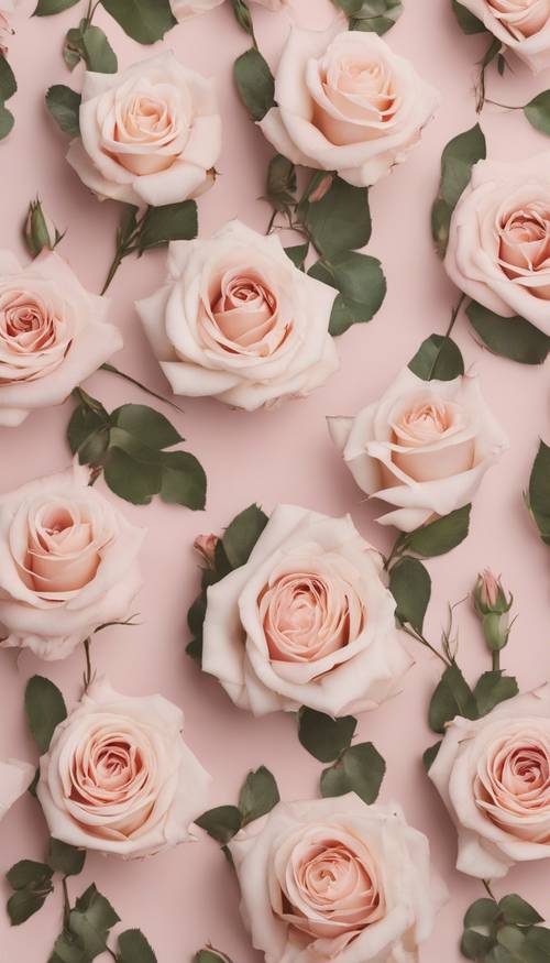 Un sereno motivo floreale a strisce con rose pallide su uno sfondo rosa chiaro.