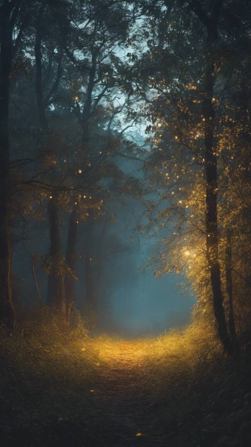 Uma floresta assustadora à meia-noite cheia de neblina espessa e vaga-lumes brilhantes.