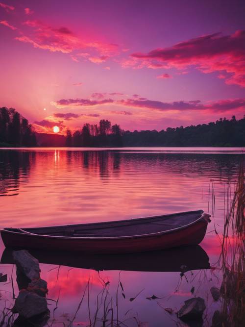 Una splendida alba su un lago calmo con la frase &quot;La felicità è uno stato di appagamento interiore, non i risultati della tua vita&quot; sotto un cielo rosso e viola brillante.