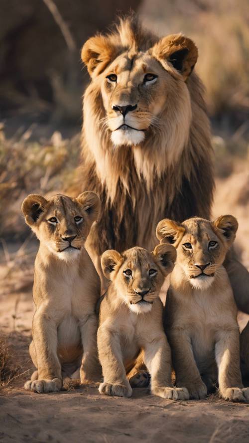 A detailed depiction of a pride of lions, the lioness watching over her playful cubs as the lion sits protectively nearby.