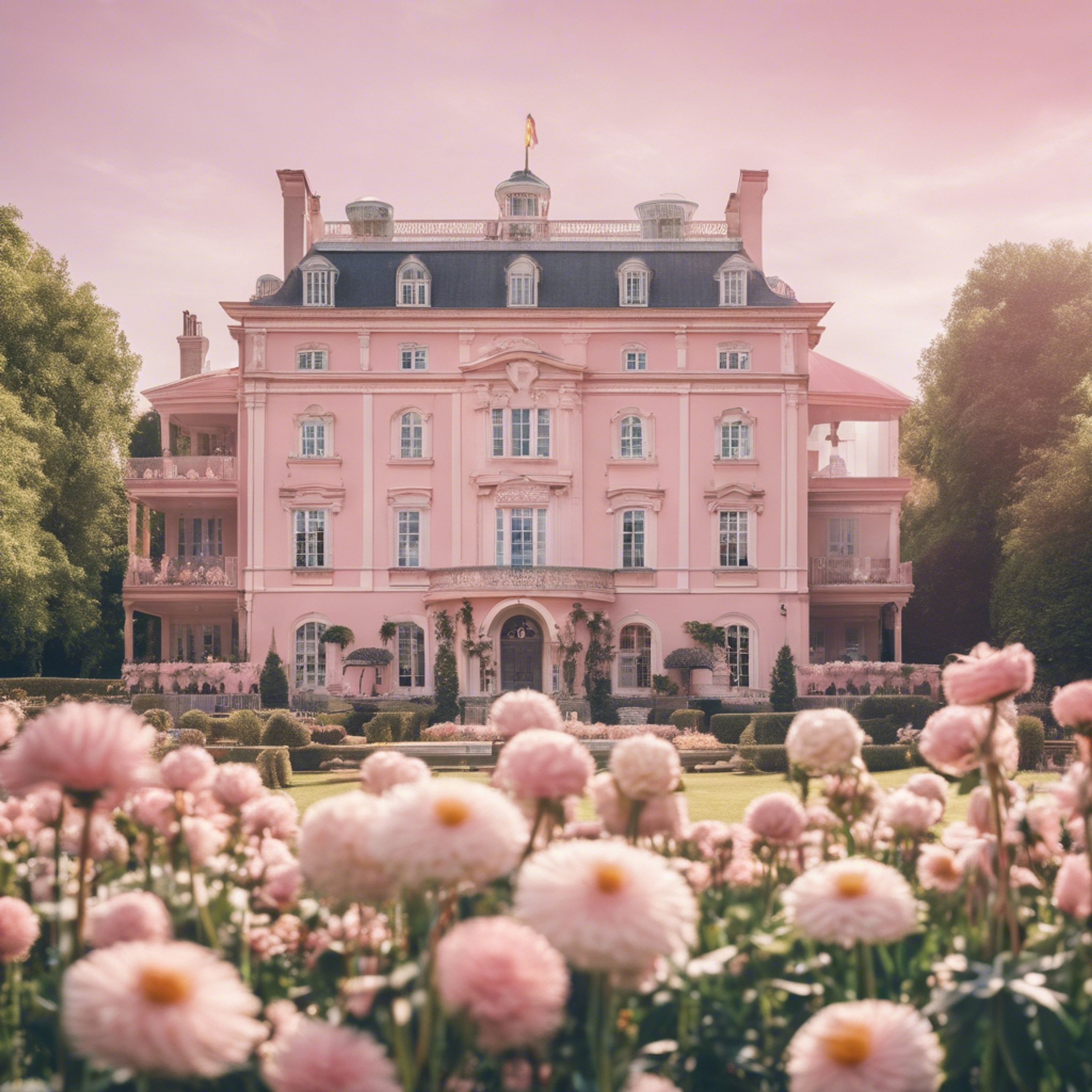 A summer fair set against the backdrop of a grand preppy pastel pink mansion. duvar kağıdı[8c82529eeaa34dffb767]