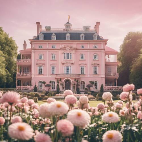 Letni jarmark na tle wielkiej eleganckiej rezydencji w pastelowym różu.