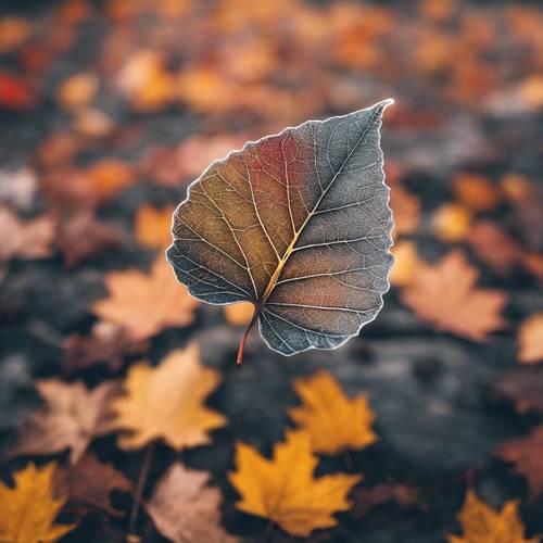Pemandangan musim gugur yang penuh warna dengan satu daun abu-abu sebagai fokusnya.