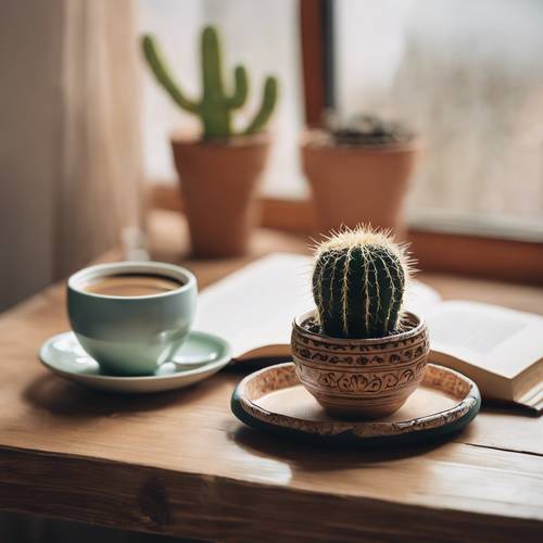 Kaktus in einem Boho-Topf auf einem Holztisch mit einer Tasse Kaffee und einem Buch, was auf einen entspannten Nachmittag im Haus hinweist