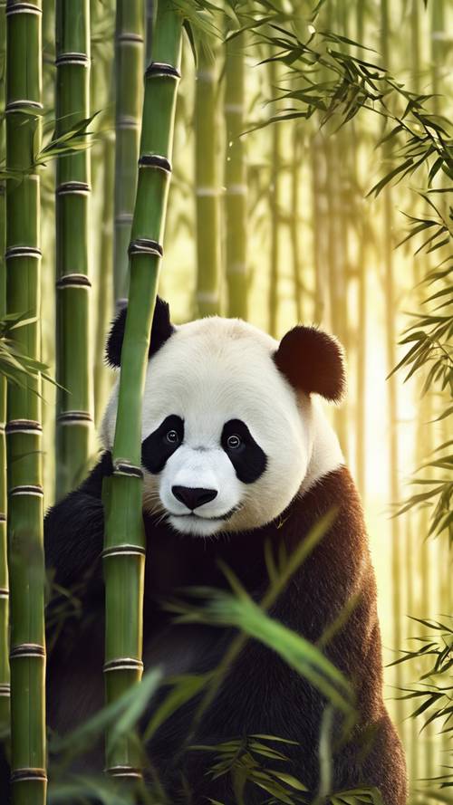 Завораживающее зрелище массивной панды, стоящей на опушке бамбукового леса и смотрящей на далекое заходящее солнце.