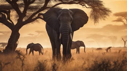 Un safari africano en la hora dorada, con un majestuoso elefante, juguetonas cebras y jirafas pastando con el telón de fondo de la silueta de una acacia.