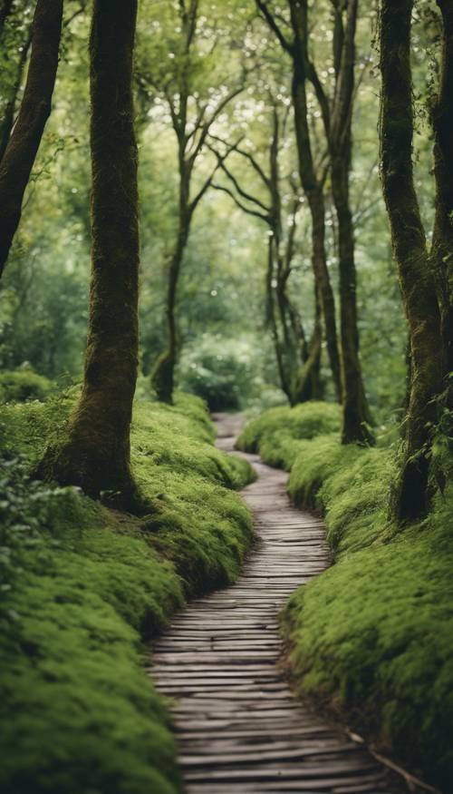 Jalan misterius yang berkelok-kelok melewati hutan lebat dan hijau.