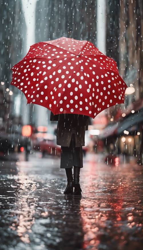 雨天城市景观中的一把鲜红色的雨伞，上面有大而耀眼的白色圆点。