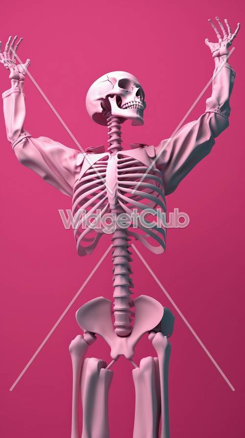 Skeleton in a Pink Jacket Posing on a Bright Pink Background