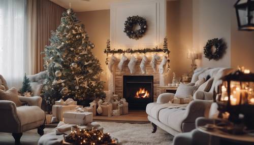 A generic Christmas living room scene with a view of a decorated fireplace mantel, comfy chairs, and a grand Christmas tree.