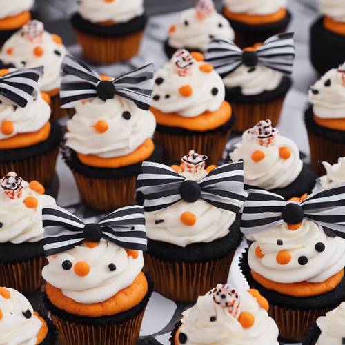 Cupcakes doces e assustadores de Halloween com canudos listrados e laços de bolinhas.