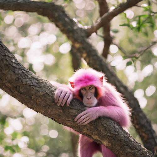Um macaco rosa dormindo profundamente, enrolado na curva de uma árvore.