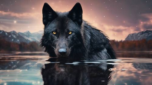 A reflective black wolf staring into a mirror-like lake under a star-studded sky.