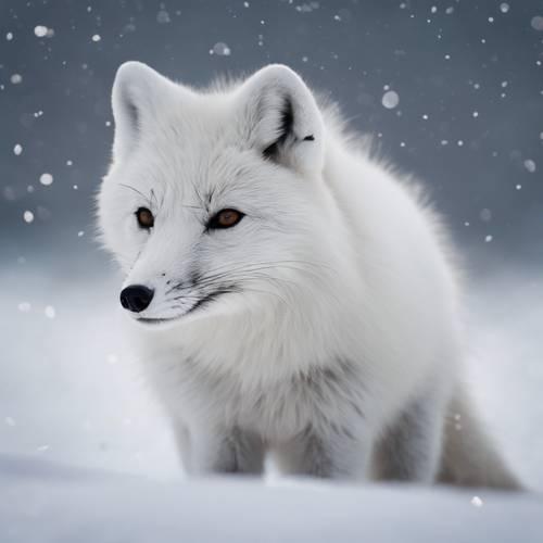 Un renard arctique se fondant parfaitement dans un décor enneigé alors qu&#39;il traque sa proie au crépuscule polaire.