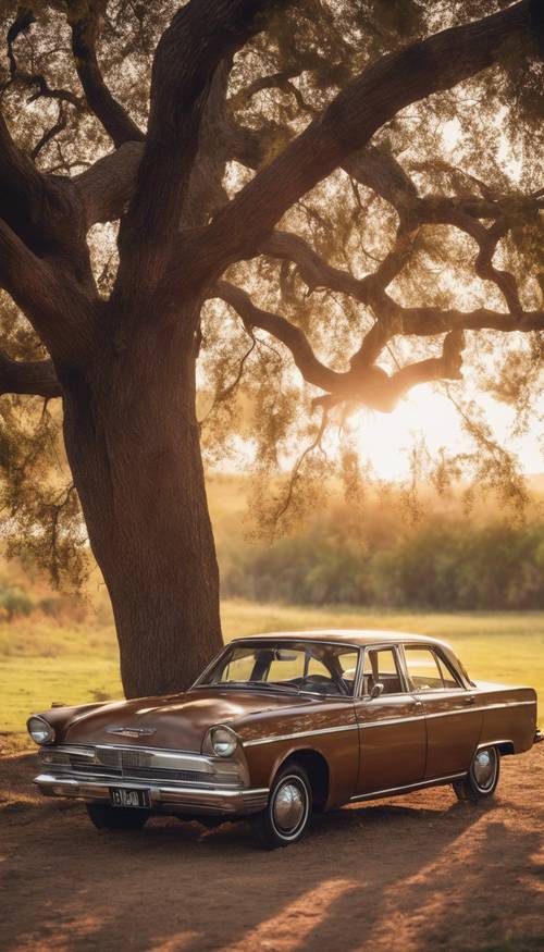 A vintage brown car parked under an age-old oak tree with the sun setting in the background
