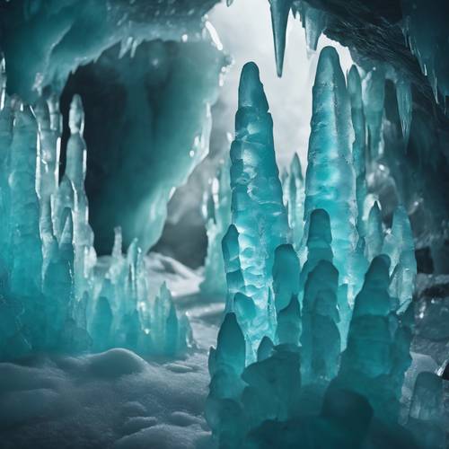 Estalagmitas de hielo cristalinas dentro de una cueva de hielo que reflejan frescos tonos verde azulado.