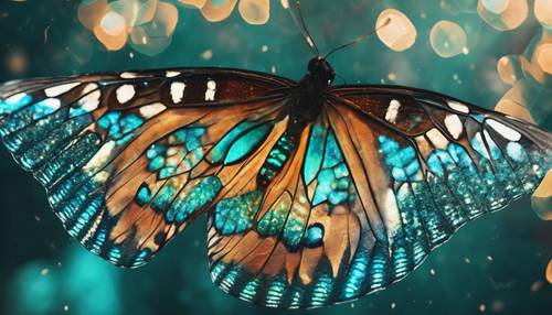 Zbliżenie na hipnotyzujące skrzydło motyla ozdobione wspaniałymi plamami turkusowego brokatu.