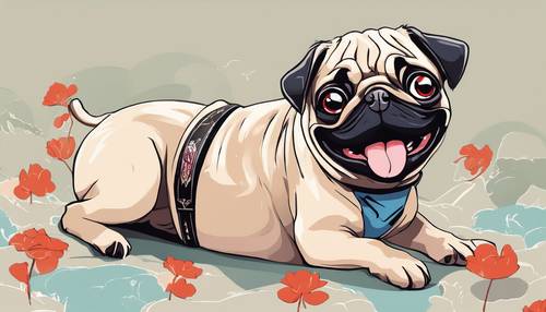 A cheerful image of a pug puppy as seen in traditional anime style, winking one eye.