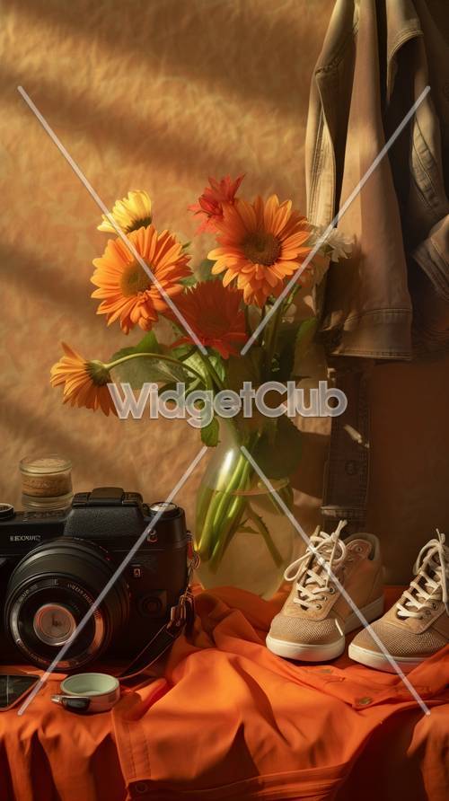 明るいオレンジ色のお花とカメラ用品