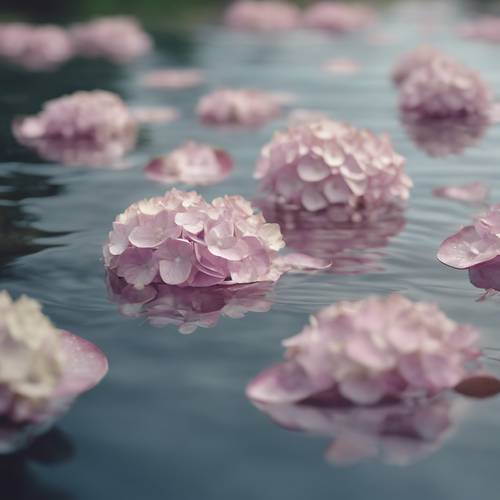 กลีบดอกไฮเดรนเยียสไตล์วินเทจลอยอย่างนุ่มนวลบนพื้นผิวกระจกของทะเลสาบ