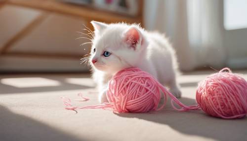 Un chaton blanc jouant avec une pelote de laine rose dans un salon ensoleillé.