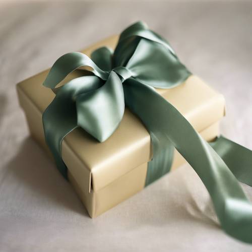 Ein salbeigrünes Seidenband, dessen Oberfläche im Sonnenlicht schimmert, ist um eine Geschenkbox gewickelt.