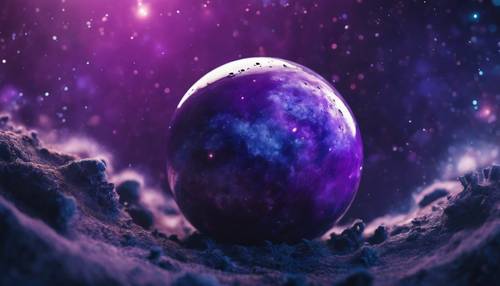 A solitary blue planet set against the backdrop of a galaxy painted in hues of deep purple.