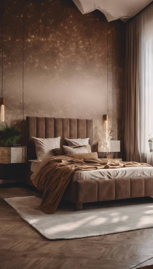 A beautifully styled bedroom with a brown ombre effect on the wall.