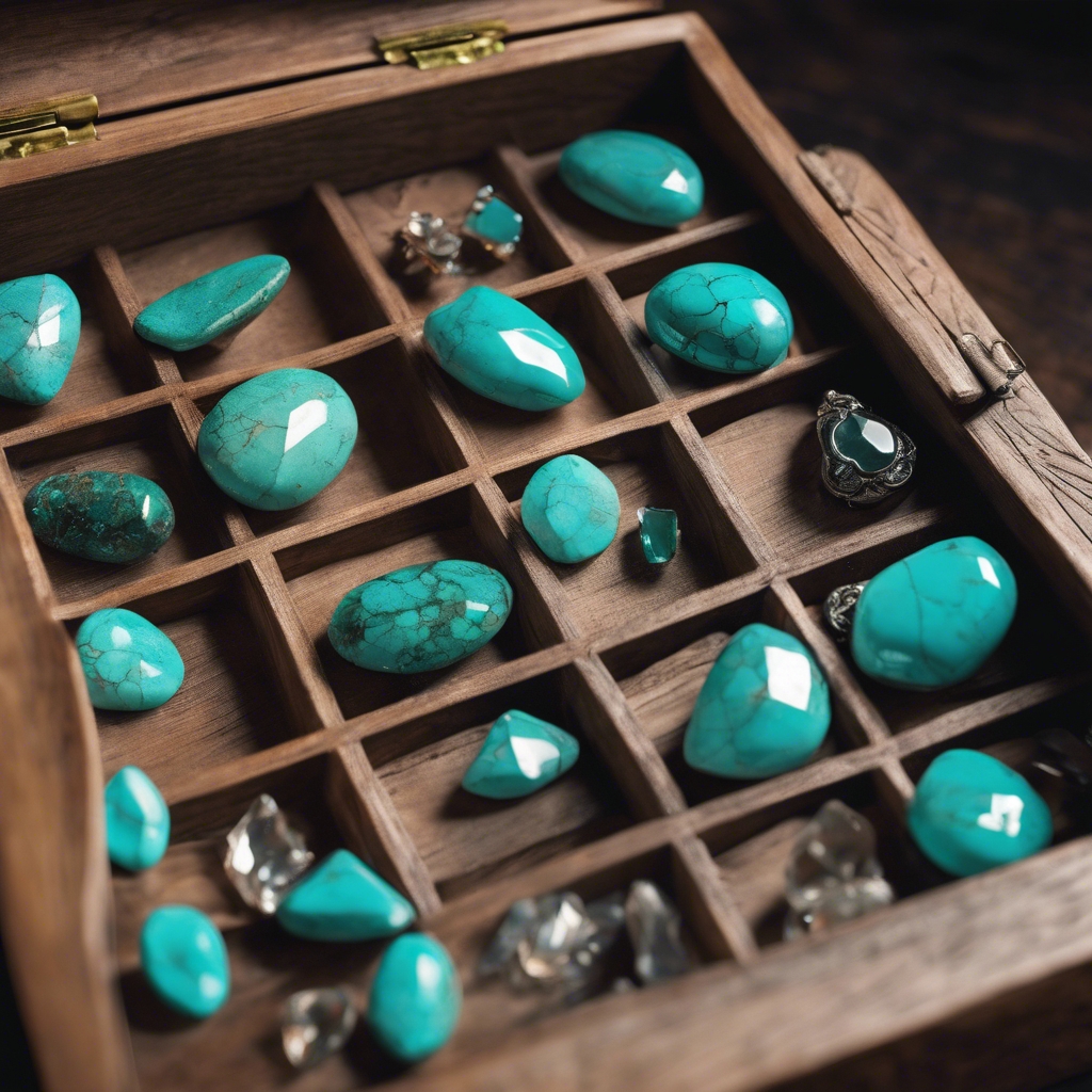 Turquoise precious gems elegantly displayed in an antique wooden box. วอลล์เปเปอร์[f312bd54c4fc4b7f9c93]