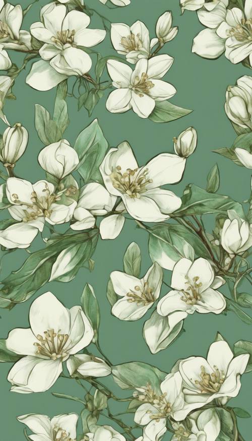 Illustrazione floreale vintage di fiori di gelsomino in toni verdi tenui.