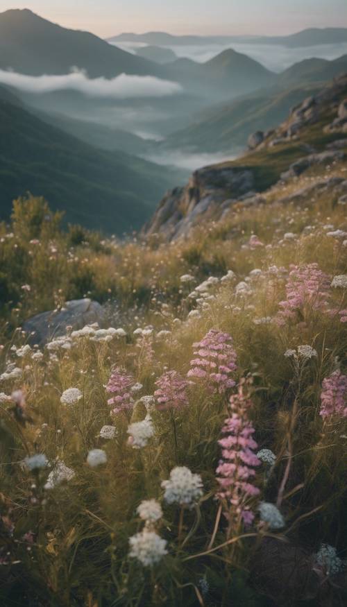 Eine vom Bohème-Stil inspirierte Bergkette, eingehüllt in den Nebel des frühen Morgens, mit blühenden Wildblumen im Vordergrund. Hintergrund [7e6d481b5cf54435b990]