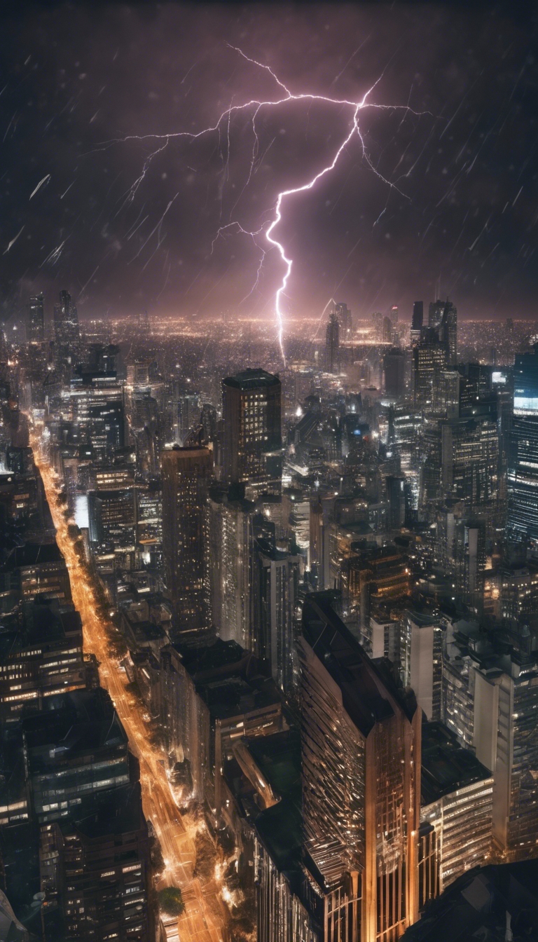 A cityscape at night with a single, clear lightning bolt slicing through the sky, reflecting in the glass windows of skyscrapers. Wallpaper[d742ff60cfbd4956af5e]