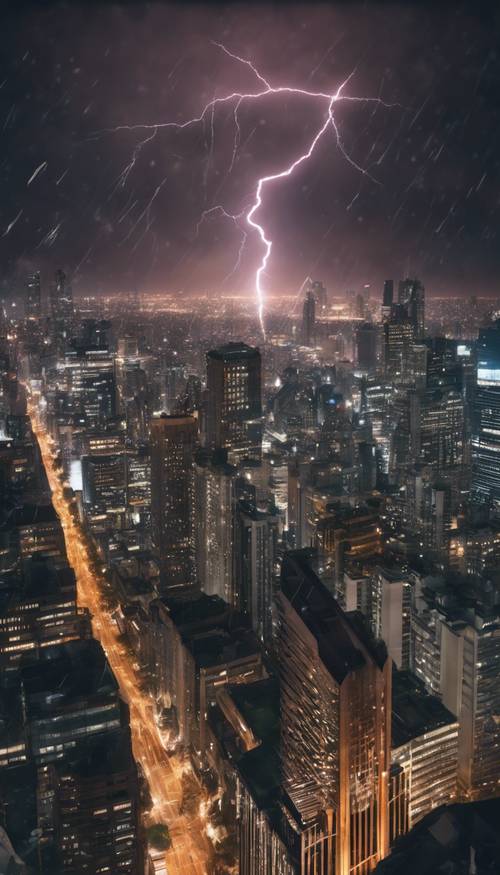 A cityscape at night with a single, clear lightning bolt slicing through the sky, reflecting in the glass windows of skyscrapers. Tapeta [d742ff60cfbd4956af5e]