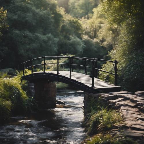 Un pont en briques noires enjambant une rivière tranquille.